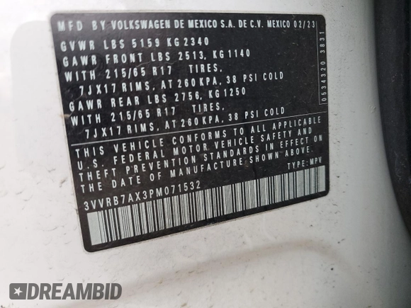 2023 Volkswagen Tiguan S с VIN 3VVRB7AX3PM071532, выставлен на аукционе Copart как лот 85901014 с пробегом 33 939 миль миль и Списание • Salvage title. История ставок и продаж доступна на DreamBid. Изображение 14.