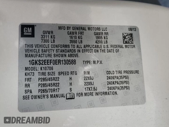 2014 GMC Yukon Denali with VIN 1GKS2EEF0ER130588, listed as a Copart auction lot 45232075 with 193,677 mi miles and Salvage Title. Bid and sale history available at carsss.com. Image 13.