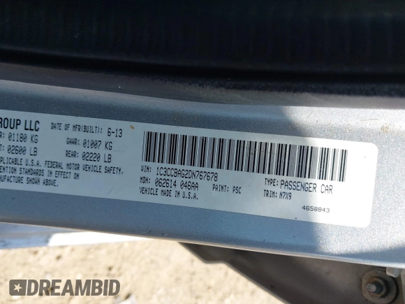 2013 Chrysler 200 LX with VIN 1C3CCBAG2DN767678, listed as a IAAI auction lot 41801847 with 155,863 mi miles. Bid and sale history available at carsss.com. Image 9.