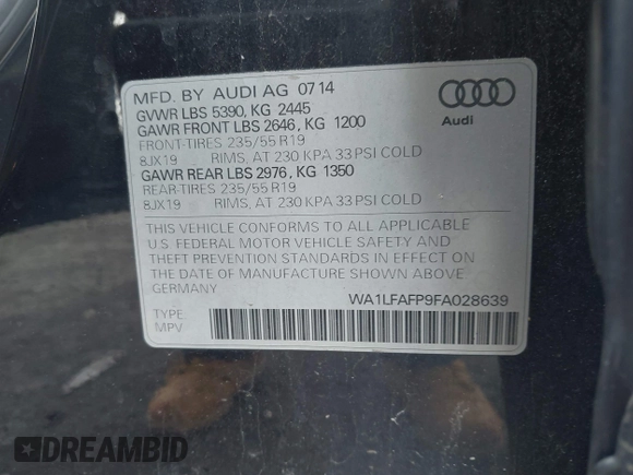 2015 Audi Q5 Premium Plus with VIN WA1LFAFP9FA028639, listed as a IAAI auction lot 42260704 with 126,689 mi miles and . Bid and sale history available at DreamBid. Image 9.