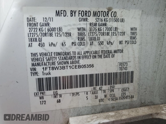 2012 Ford F-350 XL z VIN 1FT8W3BT1CEB05356, wystawiony jako Copart lot #42795815 z przebiegiem 240 996 mil mil oraz Szkoda całkowita • Salvage title. Historia ofert i sprzedaży dostępna na DreamBid. Obrazek 14.