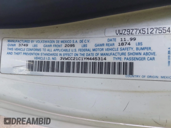2000 Volkswagen Beetle GLS с VIN 3VWCC21C1YM445314, выставлен на аукционе IAAI как лот 42396409 с пробегом 185 758 миль миль и . История ставок и продаж доступна на DreamBid. Изображение 9.