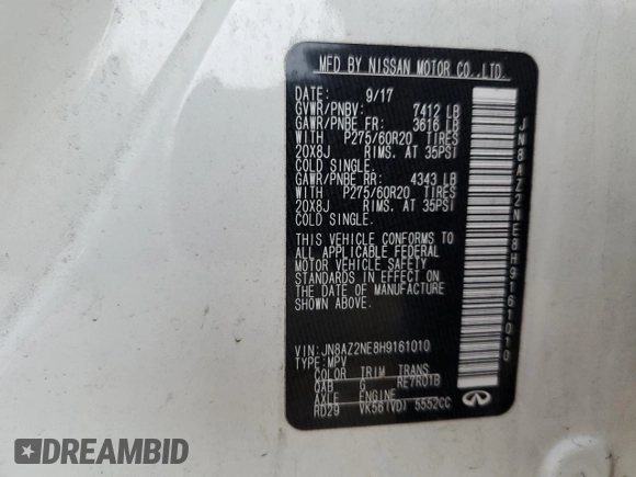 2017 Infiniti QX80 with VIN JN8AZ2NE8H9161010, listed as a Copart auction lot 72314114 with 63,025 mi miles and Salvage Title. Bid and sale history available at carsss.com. Image 14.