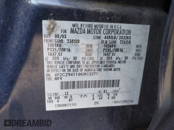 2004 Mazda Tribute LX with VIN 4F2CZ94114KM12271, listed as a IAAI auction lot 41955165 with Not Provided miles and . Bid and sale history available at carsss.com. Image 9.