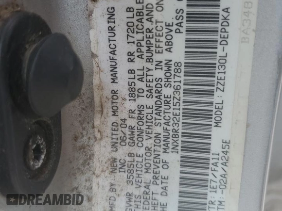 2005 Toyota Corolla CE with VIN 1NXBR32E15Z361788, listed as a Copart auction lot 63716045 with 273,244 mi miles and Clean title. Bid and sale history available at DreamBid. Image 12.