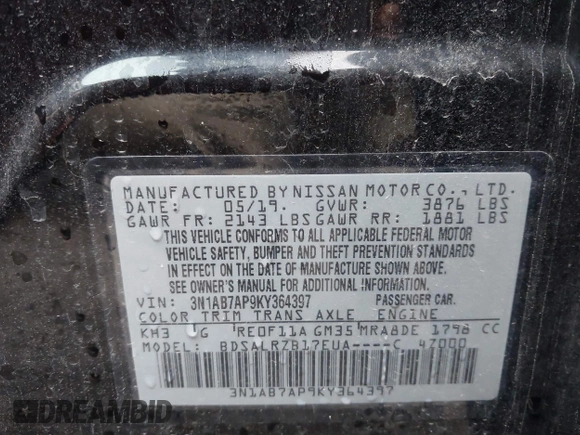 2019 Nissan Sentra SR with VIN 3N1AB7AP9KY364397, listed as a IAAI auction lot 41908919 with 61,815 mi miles and . Bid and sale history available at DreamBid. Image 9.