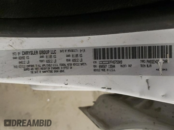 2015 Chrysler 200 C with VIN 1C3CCCCB7FN575909, listed as a Copart auction lot 51828205 with 211,589 mi miles and Salvage Title. Bid and sale history available at DreamBid. Image 12.