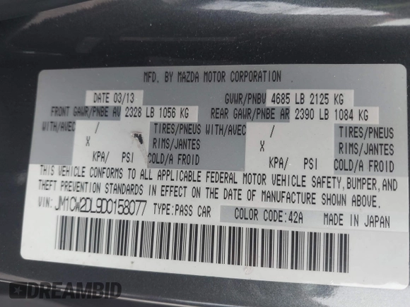 2013 Mazda 5 Grand Touring with VIN JM1CW2DL9D0158077, listed as a IAAI auction lot 42182079 with 153,431 mi miles and . Bid and sale history available at DreamBid. Image 9.