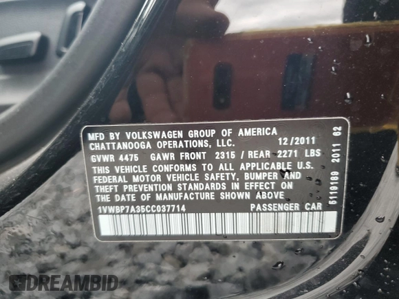 2012 Volkswagen Passat SE with VIN 1VWBP7A35CC037714, listed as a Copart auction lot 52194795 with 77,235 mi miles and Salvage Title. Bid and sale history available at carsss.com. Image 13.