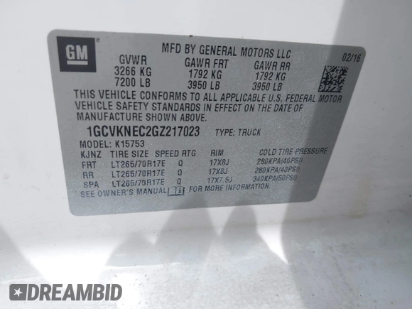 2016 Chevrolet Silverado 1500 Work Truck with VIN 1GCVKNEC2GZ217023, listed as a IAAI auction lot 41759624 with 273,940 mi miles. Bid and sale history available at carsss.com. Image 9.