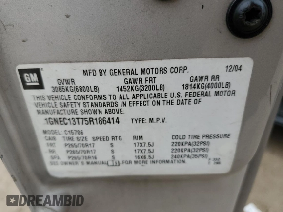 2005 Chevrolet Tahoe LS with VIN 1GNEC13T75R186414, listed as a Copart auction lot 43065675 with 267,169 mi miles and Salvage Title. Bid and sale history available at carsss.com. Image 13.