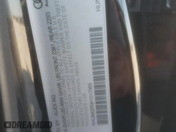2017 Audi A3 Sedan Premium with VIN WAUB8GFF0H1017955, listed as a Copart auction lot 50989414 with 45,566 mi miles and Salvage Title. Bid and sale history available at carsss.com. Image 14.