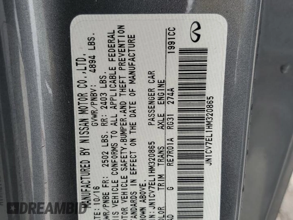 2017 Infiniti Q60 2.0t with VIN JN1CV7EL1HM320865, listed as a Copart auction lot 50822425 with 42,934 mi miles and Salvage Title. Bid and sale history available at DreamBid. Image 12.