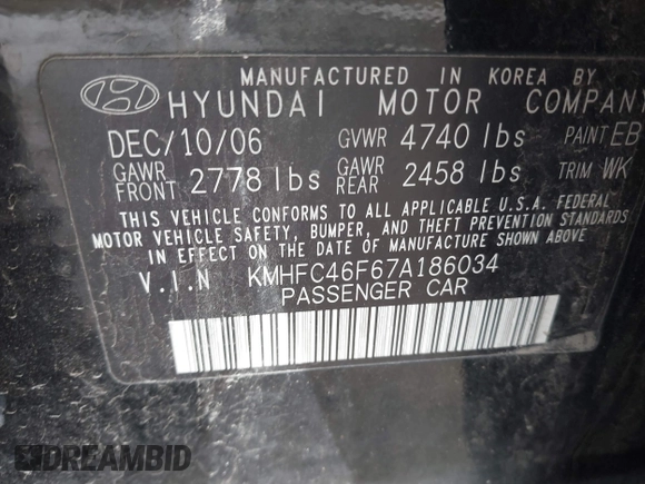 2007 Hyundai Azera SE with VIN KMHFC46F67A186034, listed as a IAAI auction lot 39181735 with 128,930 mi miles. Bid and sale history available at carsss.com. Image 9.