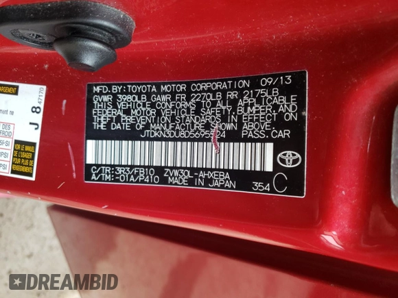 2013 Toyota Prius One with VIN JTDKN3DU8D5695524, listed as a Copart auction lot 82111264 with 121,977 mi miles and Salvage Title. Bid and sale history available at DreamBid. Image 12.