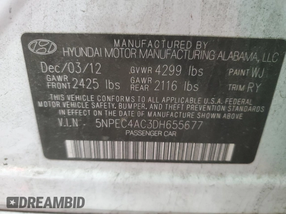 2013 Hyundai Sonata Limited with VIN 5NPEC4AC3DH655677, listed as a Copart auction lot 58614215 with 146,805 mi miles and Clean title. Bid and sale history available at DreamBid. Image 12.