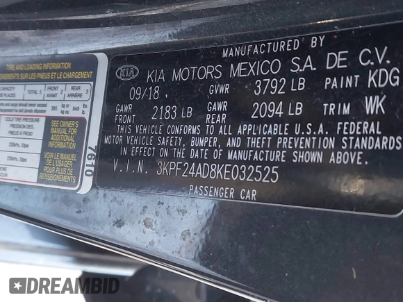 2019 Kia Forte LXS with VIN 3KPF24AD8KE032525, listed as a IAAI auction lot 41527715 with 33,561 mi miles and . Bid and sale history available at carsss.com. Image 9.