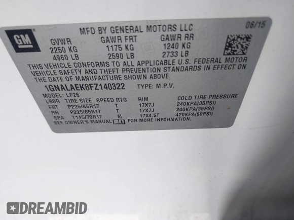 2015 Chevrolet Equinox LS with VIN 1GNALAEK8FZ140322, listed as a IAAI auction lot 42103669 with 127,860 mi miles and . Bid and sale history available at DreamBid. Image 9.