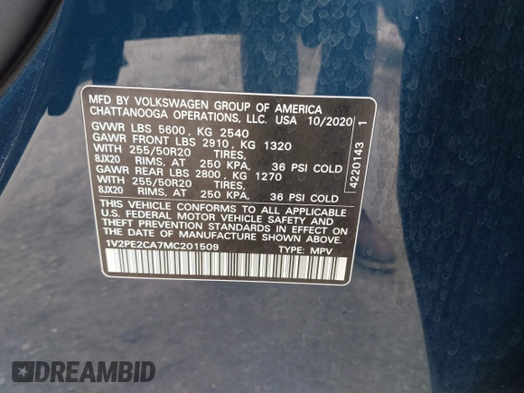 2021 Volkswagen Atlas SE with VIN 1V2PE2CA7MC201509, listed as a IAAI auction lot 42657943 with 71,197 mi miles and . Bid and sale history available at DreamBid. Image 9.
