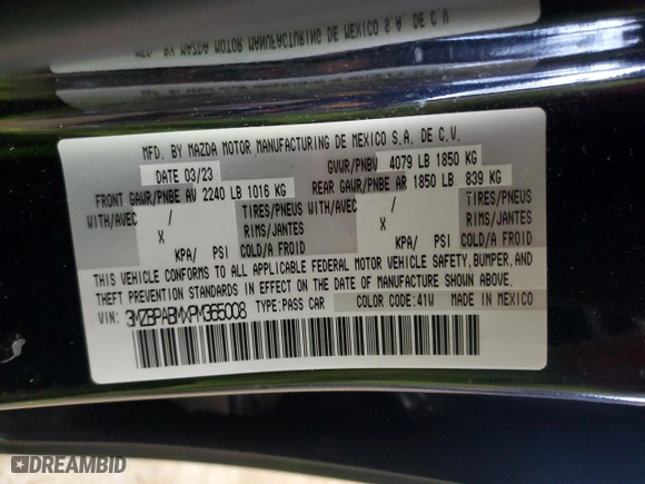 2023 Mazda Mazda3 Sedan 2.5 S Select with VIN 3MZBPABMXPM365008, listed as a Copart auction lot 46123215 with 67,233 mi miles and Salvage Title. Bid and sale history available at carsss.com. Image 12.