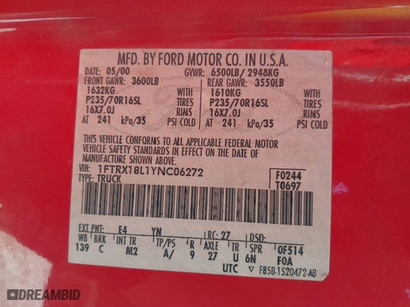 2000 Ford F-150 XL with VIN 1FTRX18L1YNC06272, listed as a IAAI auction lot 41780486 with 295,611 mi miles. Bid and sale history available at carsss.com. Image 9.