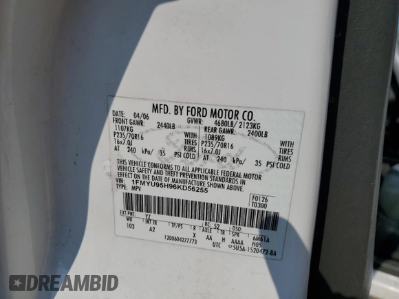 2006 Ford Escape with VIN 1FMYU95H96KD56255, listed as a Copart auction lot 58376545 with 149,542 mi miles and Salvage title. Bid and sale history available at DreamBid. Image 13.