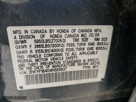 2004 Honda Pilot EX with VIN 2HKYF18404H585637, listed as a Copart auction lot 48829995 with 214,395 mi miles and Salvage Title. Bid and sale history available at carsss.com. Image 13.