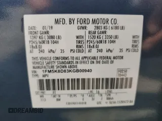 2019 Ford Explorer XLT with VIN 1FM5K8D83KGB00940, listed as a Copart auction lot 61161985 with 269,160 mi miles and Clean title. Bid and sale history available at DreamBid. Image 13.