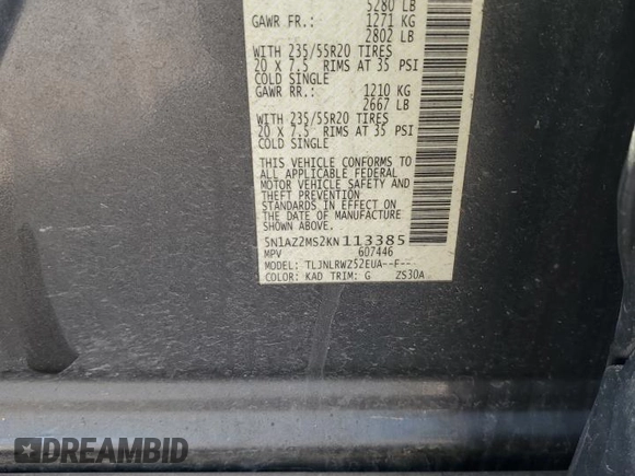 2019 Nissan Murano SL with VIN 5N1AZ2MS2KN113385, listed as a Copart auction lot 52150985 with 107,795 mi miles and Salvage Title. Bid and sale history available at DreamBid. Image 13.