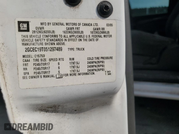 2005 Chevrolet Silverado 1500 LS with VIN 2GCEC19T051297489, listed as a Copart auction lot 56325225 with Not Provided miles and Clean Title. Bid and sale history available at DreamBid. Image 13.