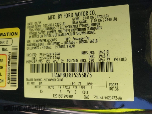 2015 Ford Mustang GT with VIN 1FA6P8CF8F5355875, listed as a IAAI auction lot 42146274 with 48,471 mi miles and . Bid and sale history available at carsss.com. Image 9.