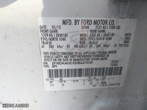 2013 Ford Edge SE with VIN 2FMDK4GCXDBA21036, listed as a IAAI auction lot 41224201 with 248,015 mi miles. Bid and sale history available at carsss.com. Image 9.