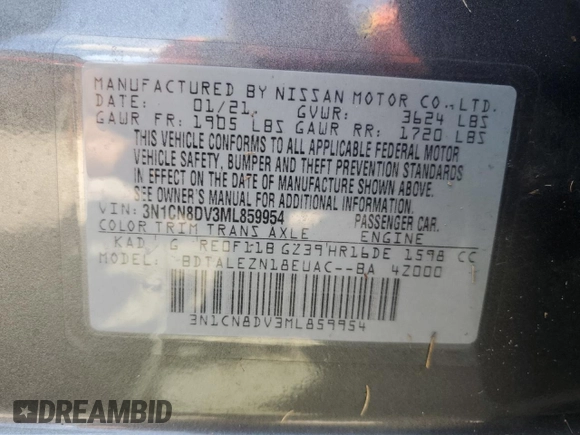 2021 Nissan Versa S with VIN 3N1CN8DV3ML859954, listed as a Copart auction lot 44656685 with 0 mi miles and Non Repairable. Bid and sale history available at carsss.com. Image 13.