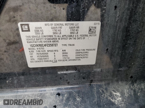 2015 Chevrolet Silverado 1500 LT with VIN 1GCVKREC4FZ258727, listed as a Copart auction lot 55581435 with 160,282 mi miles and Clean Title. Bid and sale history available at DreamBid. Image 12.