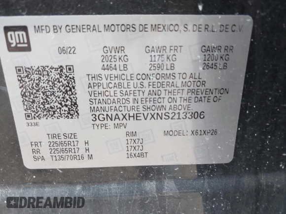 2022 Chevrolet Equinox LS with VIN 3GNAXHEVXNS213306, listed as a IAAI auction lot 42427872 with 45,527 mi miles and . Bid and sale history available at DreamBid. Image 9.