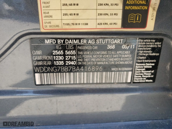 2011 Mercedes-Benz S-Class S 550 with VIN WDDNG7BB7BA416896, listed as a Copart auction lot 52443135 with 133,071 mi miles and Clean Title. Bid and sale history available at carsss.com. Image 12.
