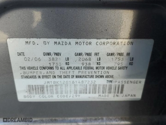 2006 Mazda Mazda3 i with VIN JM1BK12G161487232, listed as a Copart auction lot 47622105 with 227,671 mi miles and Salvage Title. Bid and sale history available at carsss.com. Image 12.