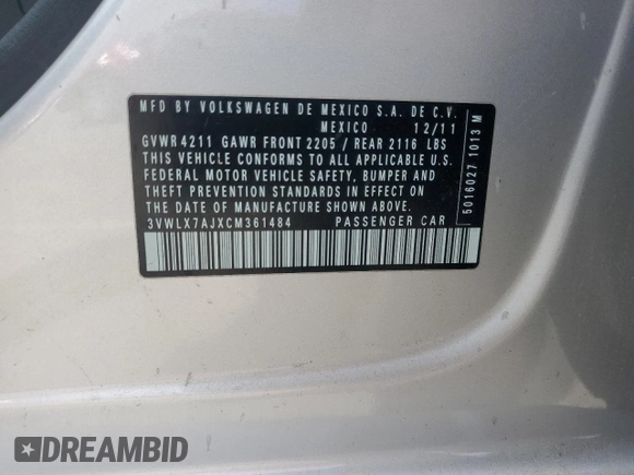 2012 Volkswagen Jetta SEL with VIN 3VWLX7AJXCM361484, listed as a Copart auction lot 53260985 with 155,585 mi miles and Salvage title. Bid and sale history available at DreamBid. Image 12.