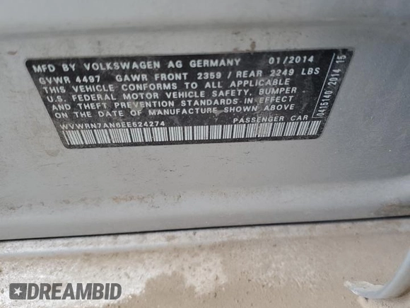 2014 Volkswagen CC Lux with VIN WVWRN7AN6EE524274, listed as a Copart auction lot 88057495 with 112,058 mi miles and Clean Title. Bid and sale history available at carsss.com. Image 12.