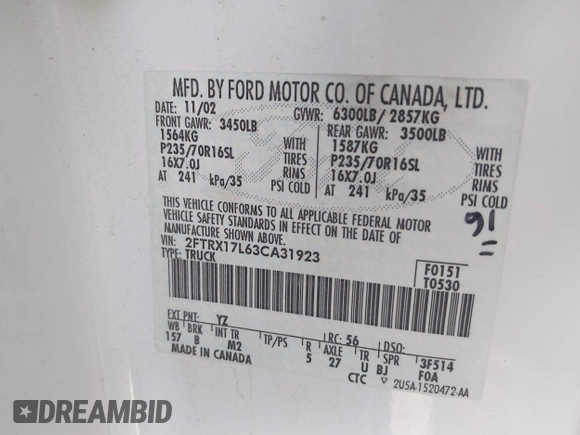 2003 Ford F-150 with VIN 2FTRX17L63CA31923, listed as a IAAI auction lot 41778818 with 107,600 mi miles and . Bid and sale history available at DreamBid. Image 9.