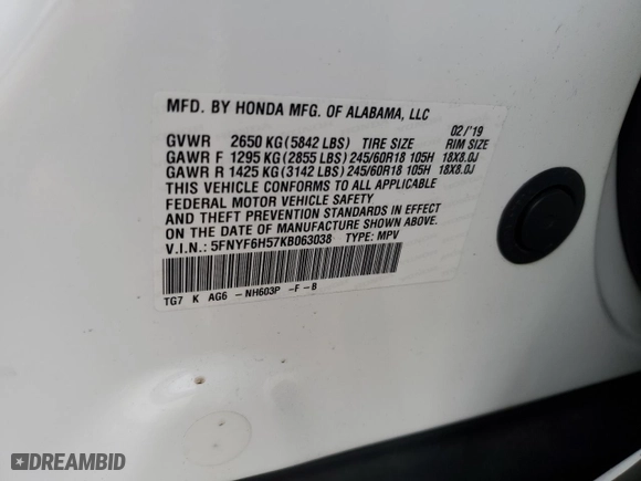 2019 Honda Pilot EX-L with VIN 5FNYF6H57KB063038, listed as a Copart auction lot 47281855 with 109,761 mi miles and Salvage Title. Bid and sale history available at carsss.com. Image 15.