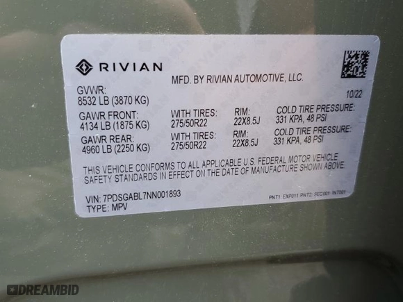 2022 Rivian R1S Launch Edition with VIN 7PDSGABL7NN001893, listed as a Copart auction lot 58809684 with 19,067 mi miles and Salvage Title. Bid and sale history available at carsss.com. Image 13.