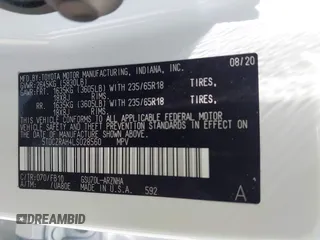 2020 Toyota Highlander L with VIN 5TDCZRAH4LS028560, listed as a IAAI auction lot 42436309 with 55,569 mi miles and . Bid and sale history available at DreamBid. Image 9.