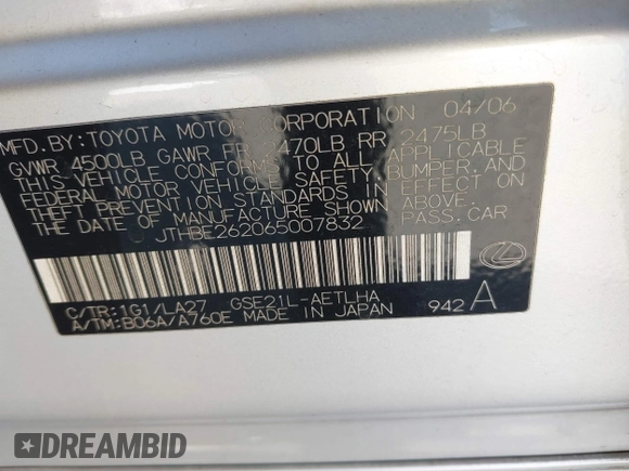 2006 Lexus IS 350 z VIN JTHBE262065007832, wystawiony jako IAAI lot #42632337 z przebiegiem 263 866 mil mil oraz . Historia ofert i sprzedaży dostępna na DreamBid. Obrazek 9.