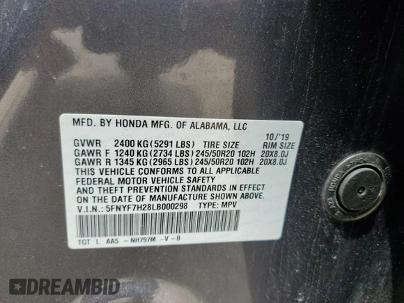 2020 Honda Passport Sport z VIN 5FNYF7H28LB000298, wystawiony jako Copart lot #54191955 z przebiegiem 84 533 mil mil oraz Szkoda całkowita • Salvage title. Historia ofert i sprzedaży dostępna na DreamBid. Obrazek 13.