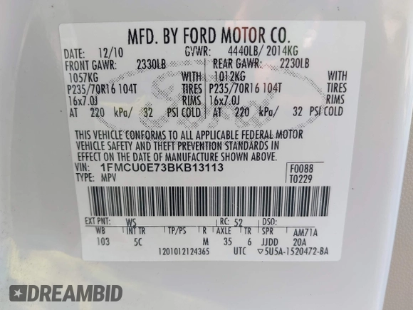 2011 Ford Escape Limited с VIN 1FMCU0E73BKB13113, выставлен на аукционе IAAI как лот 42556231 с пробегом 183 491 миль миль и . История ставок и продаж доступна на DreamBid. Изображение 9.