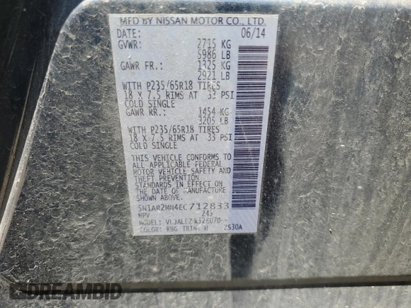 2014 Nissan Pathfinder S z VIN 5N1AR2MN4EC712833, wystawiony jako Copart lot #57074105 z przebiegiem 108 969 mil mil oraz Czysty tytuł • Clean title. Historia ofert i sprzedaży dostępna na DreamBid. Obrazek 12.