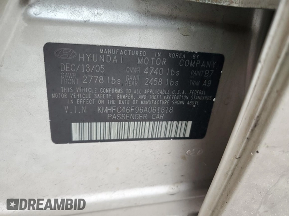 2006 Hyundai Azera SE with VIN KMHFC46F96A061818, listed as a Copart auction lot 44084205 with 83,779 mi miles and Salvage title. Bid and sale history available at DreamBid. Image 14.