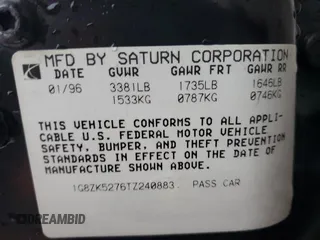 1996 Saturn SL с VIN 1G8ZK5276TZ240883, выставлен на аукционе Copart как лот 84172554 с пробегом 69 820 миль миль и Списание • Salvage title. История ставок и продаж доступна на DreamBid. Изображение 12.