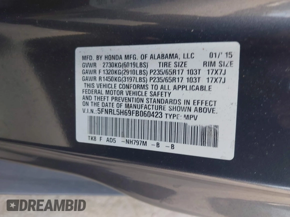 2015 Honda Odyssey EX-L z VIN 5FNRL5H69FB060423, wystawiony jako IAAI lot #42335707 z przebiegiem 175 770 mil mil oraz . Historia ofert i sprzedaży dostępna na DreamBid. Obrazek 9.